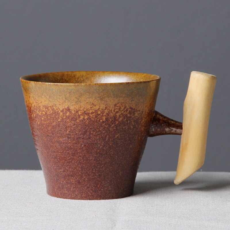 Japansk stil vintage keramisk kaffekrus tumbler rust glasur te mælk øl krus med træhåndtag vand kop hjemmekontor drikkevarer: 01