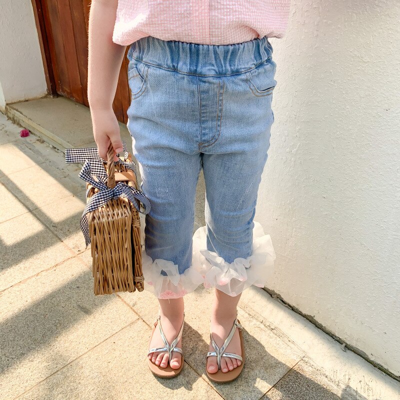 Flickor sommar jeansbyxor barn jeans barn byxor för småbarn bebis tjej prinsessa mesh jeans torusers kläder 1-5 år
