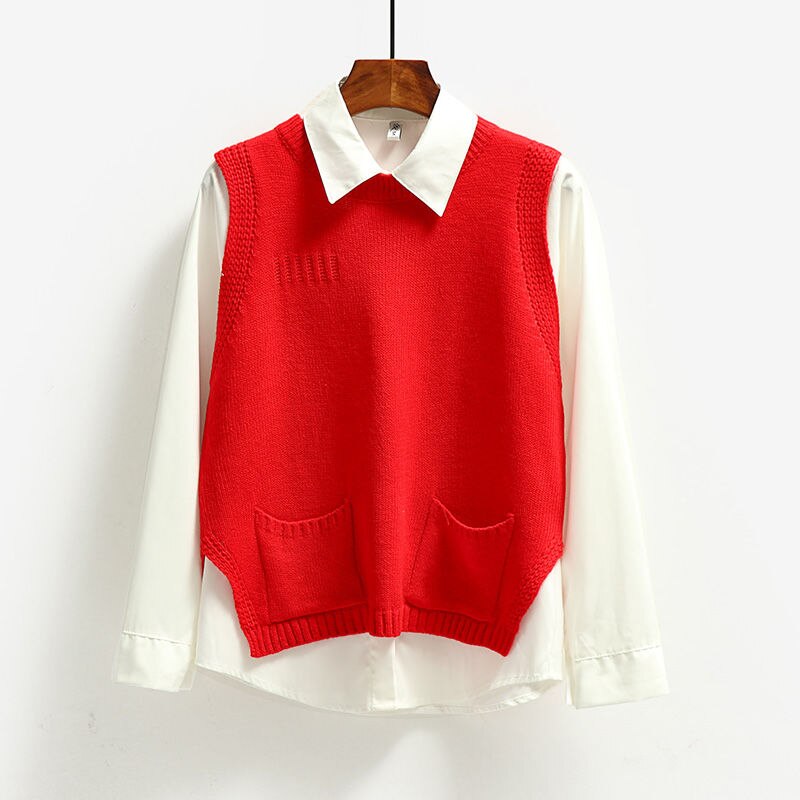 Solid ydre slid rund hals strik vest korte kvinder efterår og vinter koreansk ærmeløs vest sweater: Rød