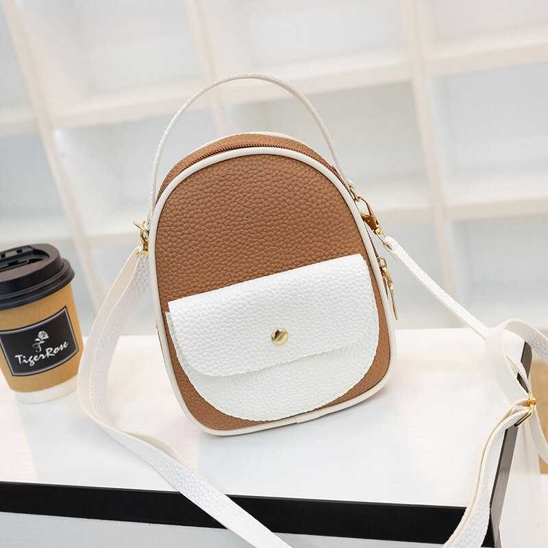 Dames contrasterende kleur reliëf leren rugzak crossbody/schoudertas mobiele telefoonhoesje kleine rugzak: Bruin