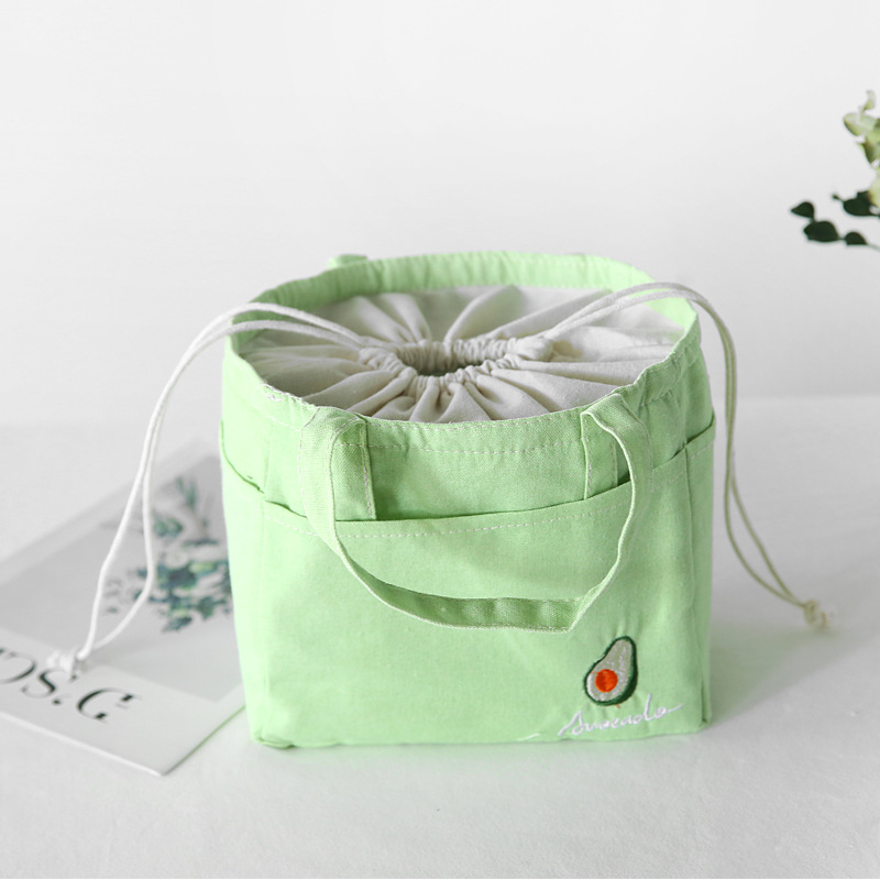 Japanese Cute Drawstring Pocket Stitch Thermal Lunch Bag for Kids Fruit Embroidery Handbags Portable Lunch Box ToteBags: black