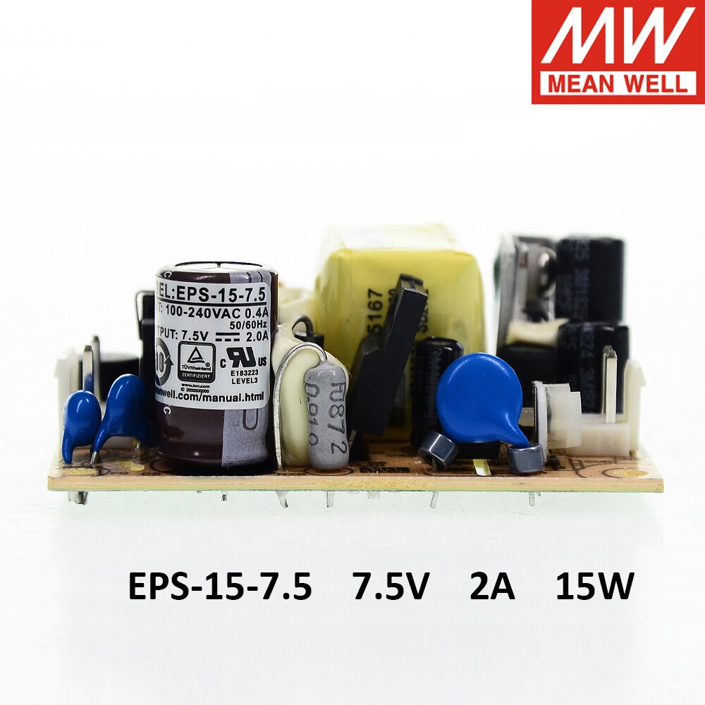 Meanwell eps -15 single output psu open frame ac-dc strømforsyning 15w 3.3v 5v 7.5v 12v 15v 24v 27v 36v 48v 1a 2a 3a mini størrelse: 7.5v 2a 15w
