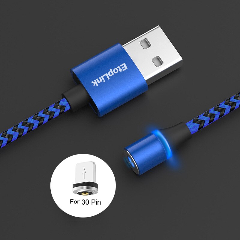 EtopLink Type C Micro USB Magnetic Charging USB Cable USB-C 360 degree Round Magnet Nylon Braided LED Charger Cables 1M Blue Red: Blue 30PINS