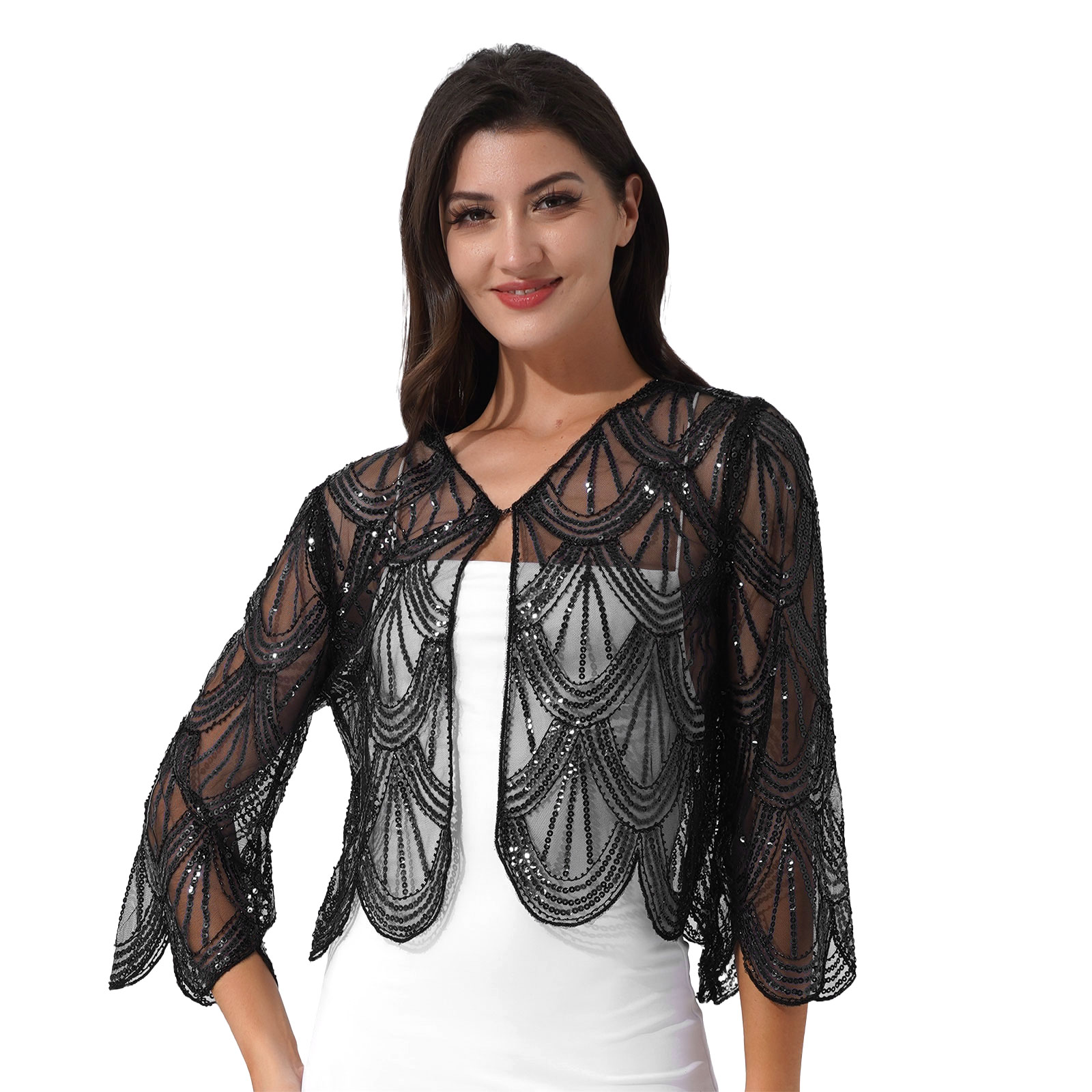 Bolero de lentejuelas para mujer, chal de manga larga, encogimiento de hombros, cárdigan, Tops, envoltura nupcial de boda, vestido sin mangas, cubierta de protección solar: Azul