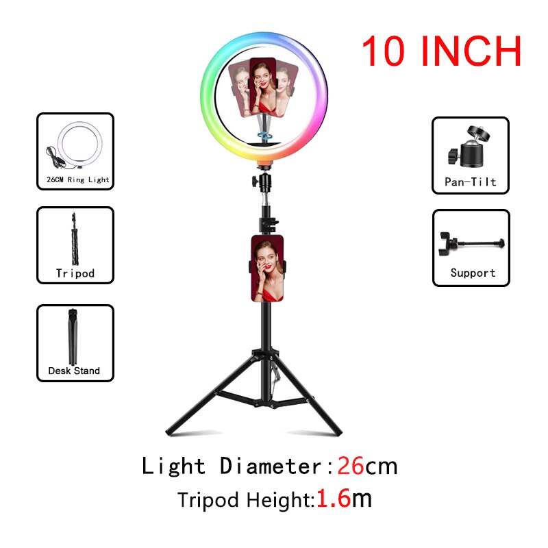 8 Inch /10 Inch Dimmable RGB LED Selfie Ring Fill Light Photo Ring Lamp with Tripod Two Adjustable for Makeup Video Live: White