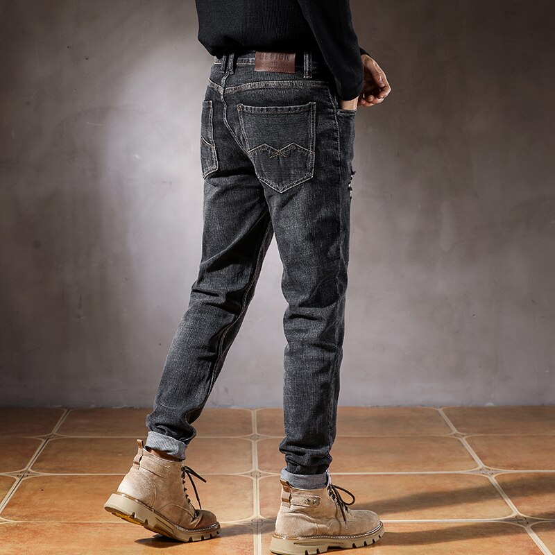 Jeans preto rasgado para homens hip hop estiramento fino em linha reta casual moda streetwear distressd homem calças jeans destruído outono