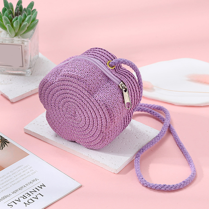Handgemaakte kinderen meisjes schoudertas bloem stro babytassen messenger bag kinderen sleutels portemonnee schattige prinses mini handtas: Bruin