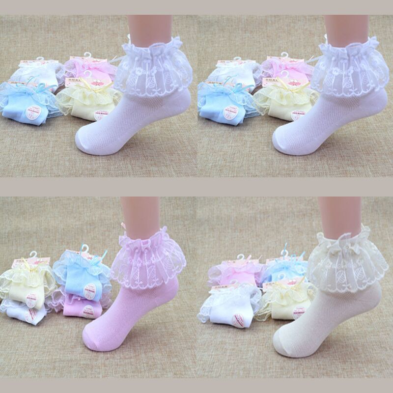 Cute Princess Girl Toddler Kids Baby Vintage Lace Bow Ruffle Frilly Ankle Socks