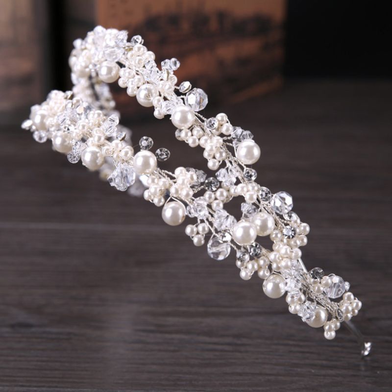 Diadema de novia Tiara nupcial corona hecha a mano perla doble capa boda tocados
