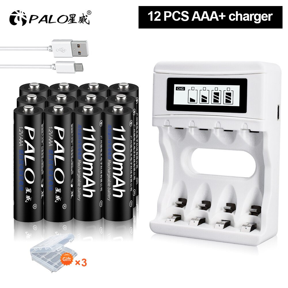 PALO 4-16Pcs 1100mAh AAA Rechargeable Battery 1.2V Ni-MH AAA Battery Rechargeable 3A Batteries Battery Rechargeable aaa Battery: 12AAA and charger