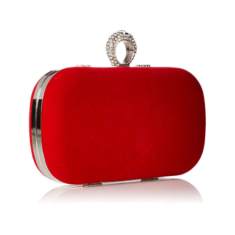 Suede Velvet Rhinestone Stud One Ring Decor Evening Cocktail Clutch Bag(Red)