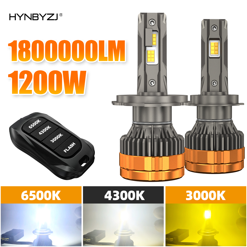 HYNBYZJ H7 1200 W H4 LED-Scheinwerfer H1 H11 9005 9006 9012 6500 K 4300 K 3000 K dreifarbige Fernbedienung für Autoscheinwerfer