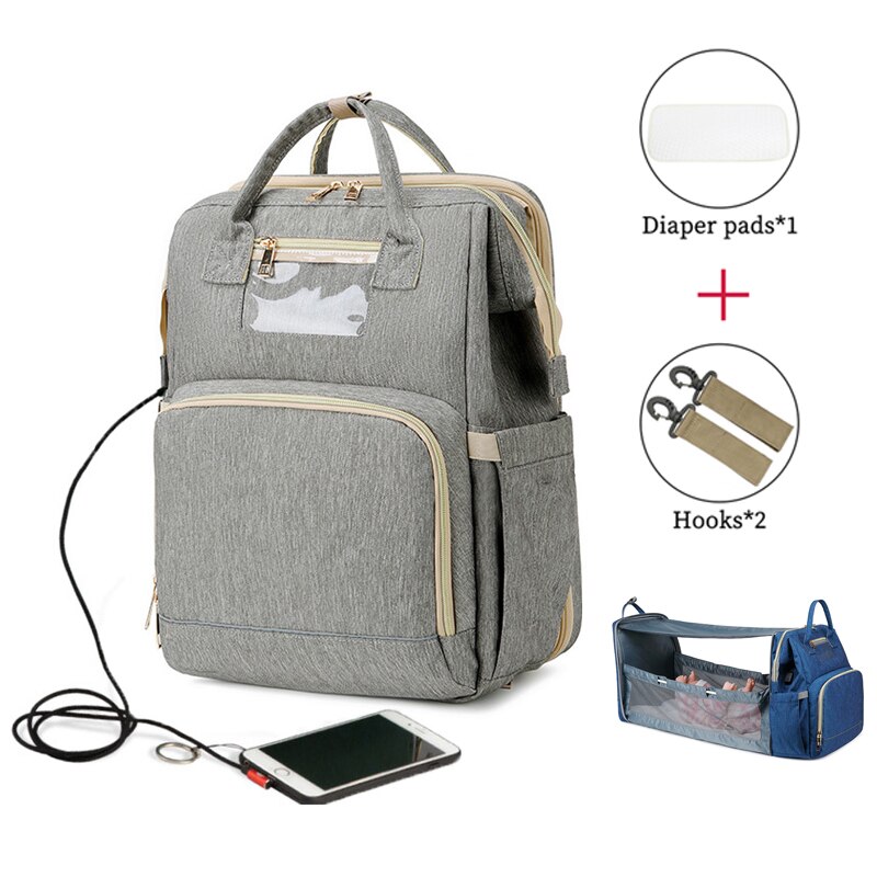 Usb Luiertassen Baby Bed Opvouwbare Zonnebrandcrème Rugzak Wieg Tas Grote Capaciteit Isolatie Verpleging Wandelwagen Zak Met Aankleedkussen: Type A Gray