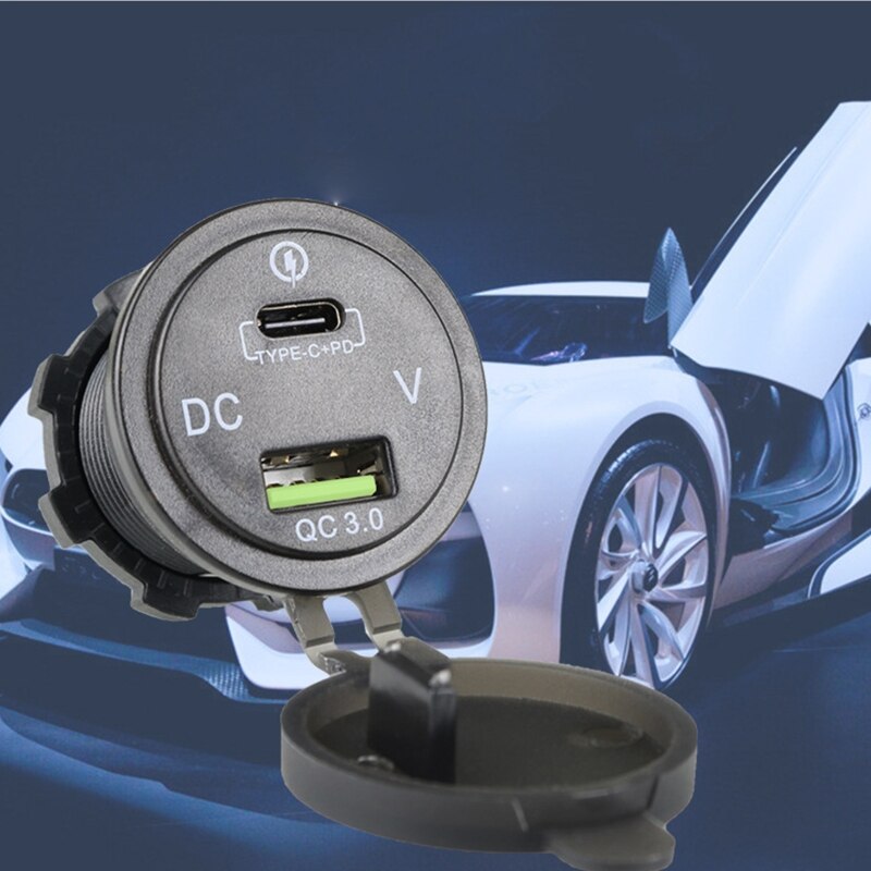 Car phone charger usb-c type-c + pd qc 3,0 socket for motorcycle, boat, mobile phone charger with led voltmeter
