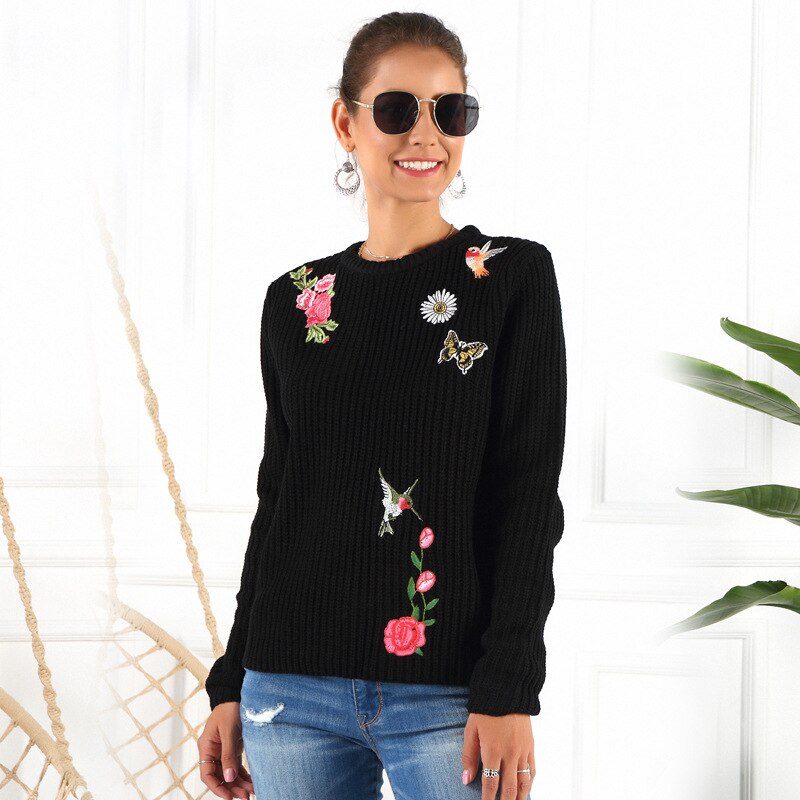 Geborduurde Trui Lange Mouwen Womens Casual Brand Lange Mouwen Vrouwen Trui Slim Ronde Hals Vrouwen Trui Pullover: 004 / M