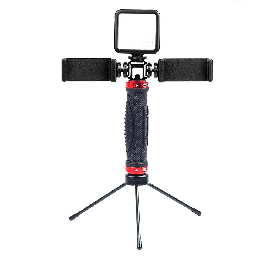 Handheld Stabiele Selfie Stick Stand Live-uitzending Snelle Hand Dual Machine Positie Clip Hoofd Accessoire Universele Foto Nemen Naar: Bruin