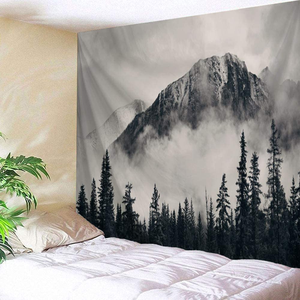 Nature noir blanc forêt brouillard montagnes tapisserie tenture murale mystérieux arbre décor à la maison pour salon chambre dortoir
