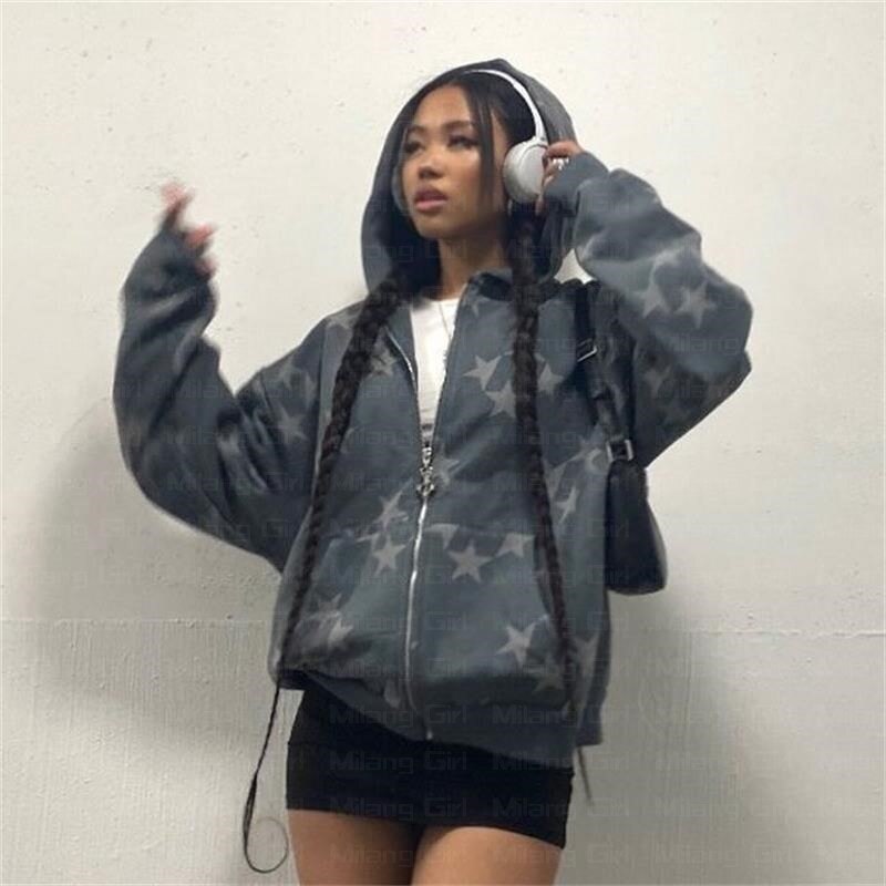 Sweat à capuche zippé à manches longues pour hommes et femmes, veste surdimensionnée, pull Emo, streetwear Y2K, vintage, graphique star, fée grunge
