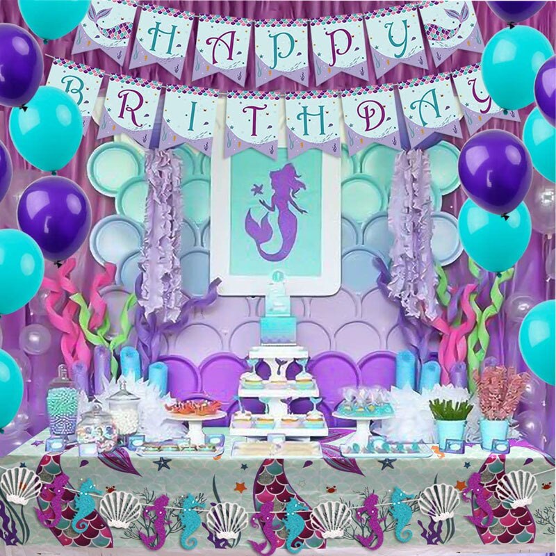 Mermaid Theme Birthday Party Decoration Mermaid Party Disposable Tableware Set Cake Topper Baby Shower Girl 1st Birthday Party