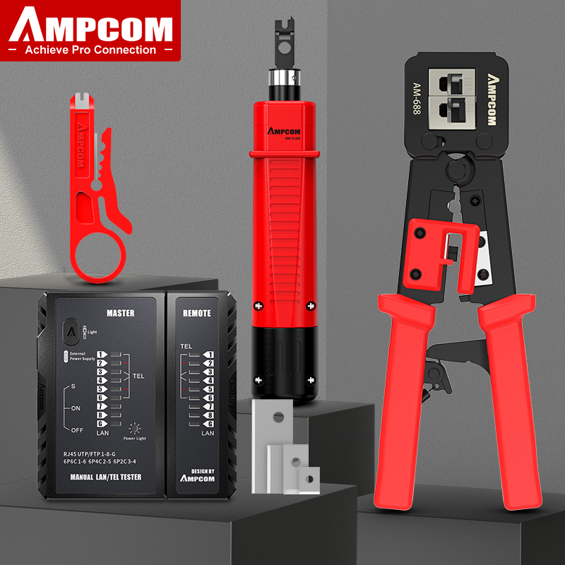 AMPCOM RJ45 Crimper Lan Tester Tool Set Ethernet Cable Stripper Punch Down Tool rj 45 rj11 Connectors 12 in 1 Cabling Repair Set: GRAY