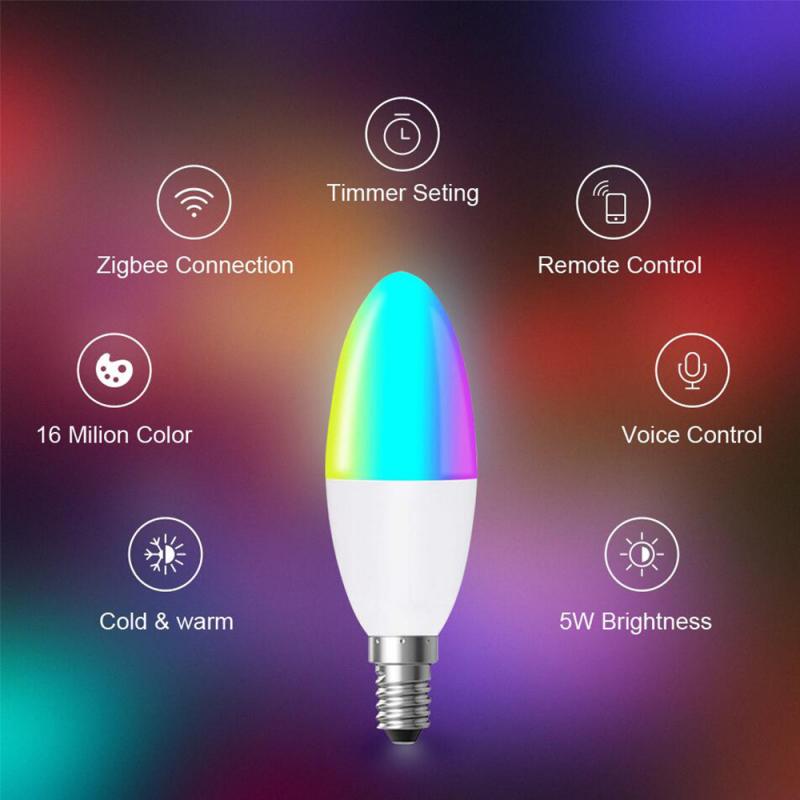 1-10PCS Zigbee E14 5W Smart LED Candle Light Bulb RGBCW Dimmable Magic Bulb Voice Timer Work With Alexa Google Home SmartThings