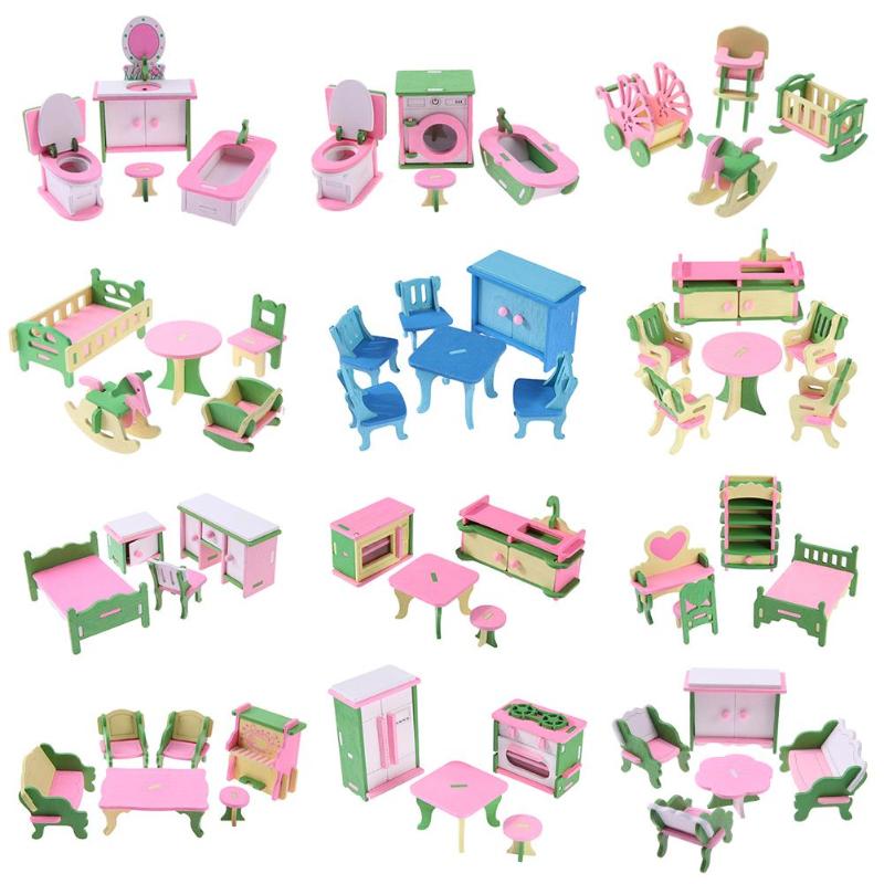 Puppenhaus Möbel Miniatur Holz Kreative Bad Schlafzimmer Restaurant Für Kinder Action Figure Puppe Haus Dekoration Puppe