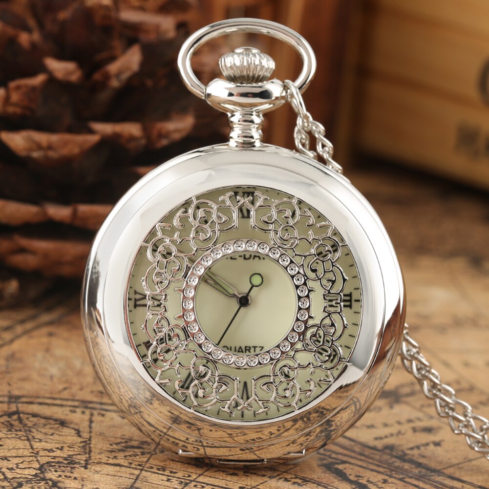 Klassieke Grote Wijzerplaat Zakhorloge voor Mannen Hollow Out Sluiting Pocket Horloges Natuurlijke Zilveren Ketting Ketting Hanger Horloge