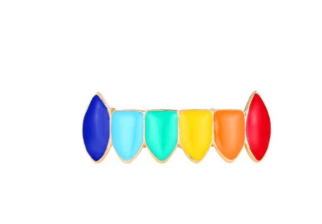 6ix9ine Rainbow Hip Hop Colorful 69 Oil Gold Dent Teeth Grillz Top and Bottom Set With Free Silicone Box Caps Packing: gold bottom