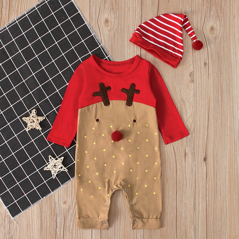 Ropa de bebé mamelucos de Navidad de manga larga de cuello redondo mono + sombrero 2 piezas conjunto ropa Linda recién nacido niña niños ropa
