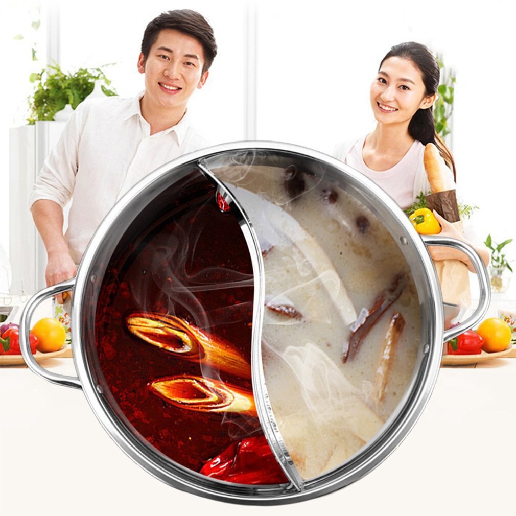 30cm Stainless Steel Pot With Divider Single-layer Thicken Soup Binaural Mandarin Duck Fondue Cooking Pot Kitchen Cookware