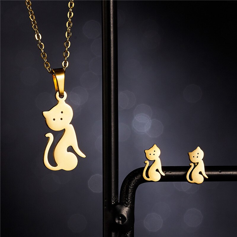 Rinhoo Dier Vlinder Rvs Hanger Ketting Sets Voor Vrouwen Kat Visgraten Ketting Oorbellen Sieraden: Cat-2
