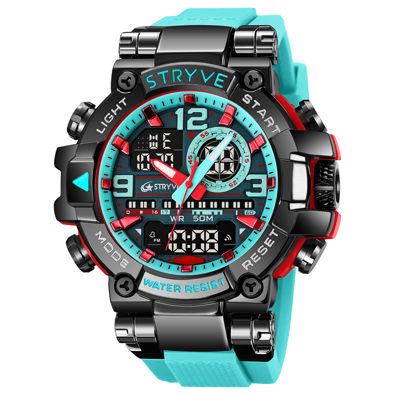 STRYVE Watch 8029 Popular Sports Men's Watch Good Analog-Digital Dual Movement Calendar Luminous Waterproof Watches: Coffee