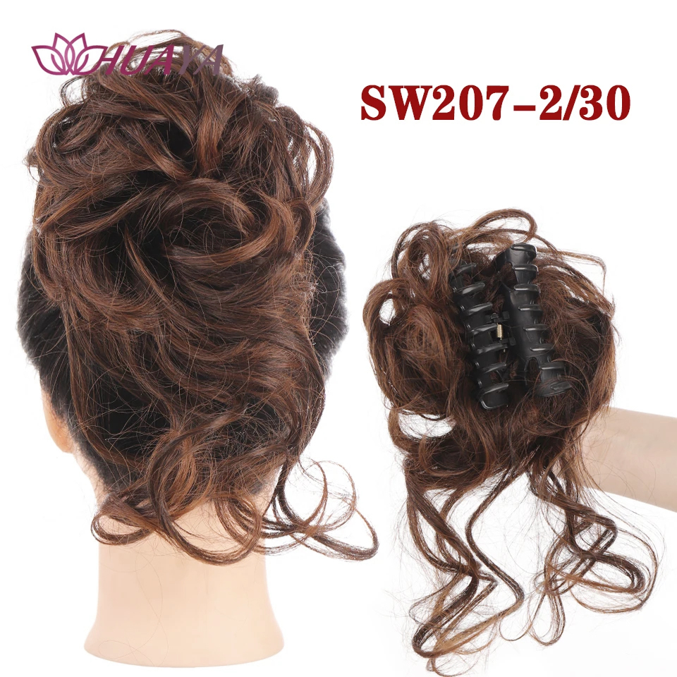 Moño de pelo sintético para mujer, moño desordenado, extensiones de cabello Updo despejadas con Clip de garra, horquillas rizadas, negro y marrón