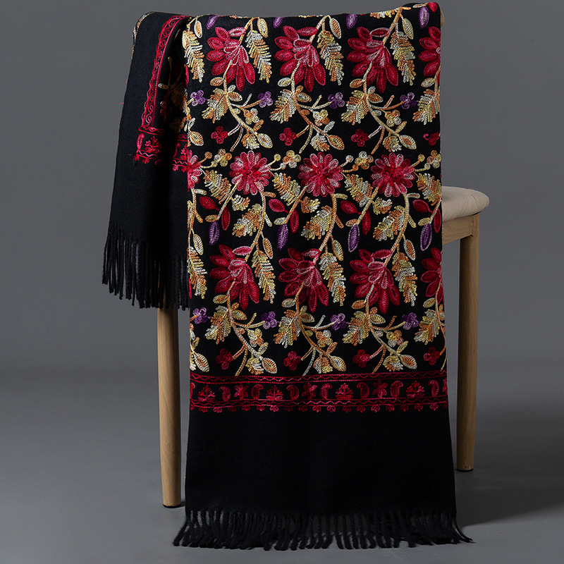 Bufanda de Cachemira con bordado Floral de lujo para mujer, chal cálido de invierno, Pashmina suave y grueso, Foulard, manta con borlas para mujer, bufandas: Negro