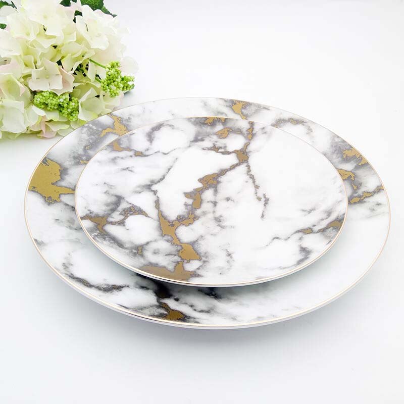 Guld marmor fad keramisk bakke middag tallerken nordisk kort rund bøf pasta tallerken luksus bordservice rund fad mad jul