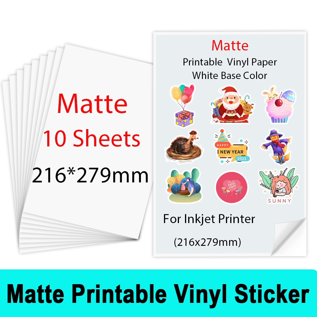 10 Sheets Printable Vinyl Sticker Papier Glossy Lijm Kopieerpapier 216*279Mm Vinyl Papier Voor Inkjet Printer diy Ambachten: 10-White Matte
