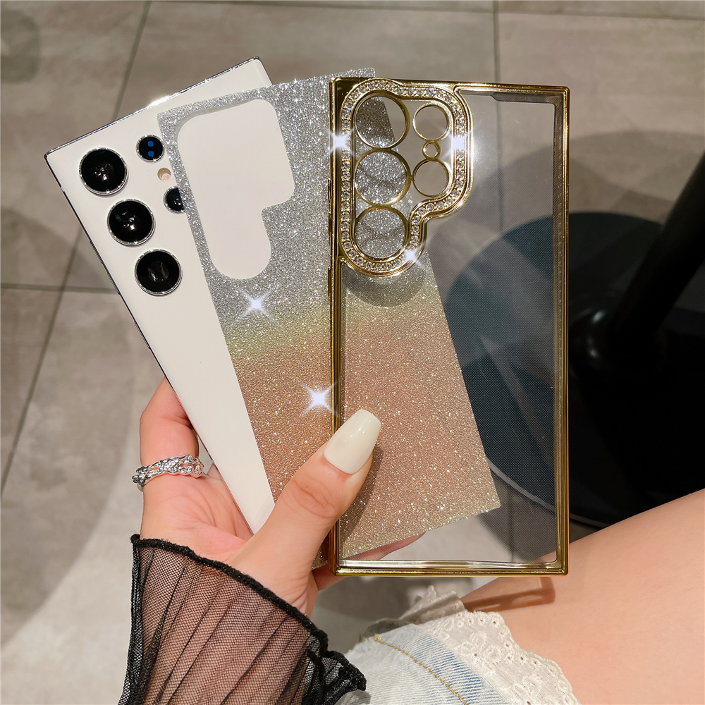 Custodia per telefono trasparente con diamanti con strass glitterati placcati di lusso per Samsung S23 ultra S22 più coperchio morbida e trasparente a colori sfumati