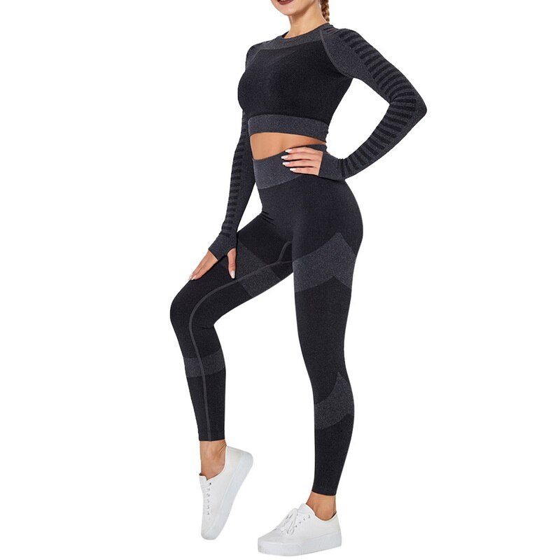 Vrouwen Stiksels Kleur Trainingspak Twee Delige Set Lange Mouwen Korte Lengte Top Elastische Taille Broek Vrouwen Sportkleding: black / S