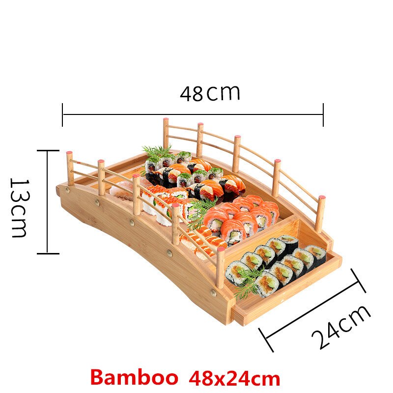 Japansk træ træ køkken sushi bro både fyrretræ sushi sashimi tallerken fad sushi bordservice dekoration ornament: Bambus 48 x 24 xh 13cm