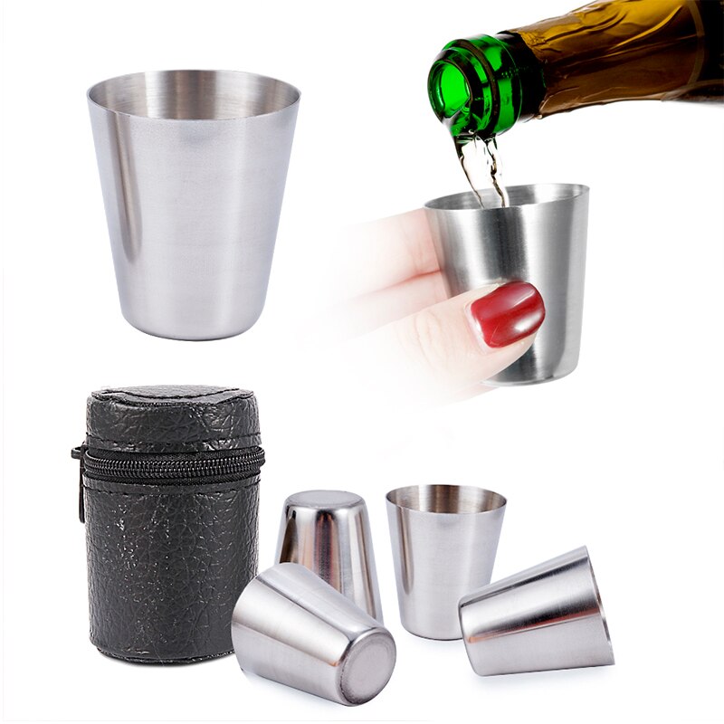4 stks/set Gepolijst 30ML Mini Rvs Shot Glas Beker Wijn Drinkglazen met Leather Cover Tas voor Thuis keuken Bar