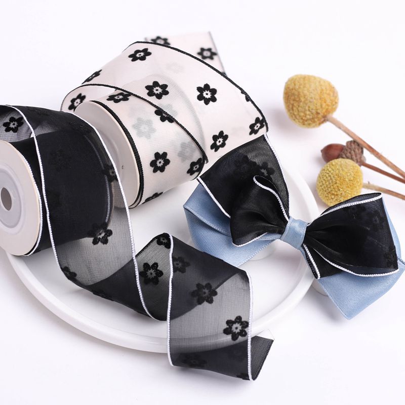 Cinta de gasa Floral flocada para el pelo, accesorios artesanales hechos a mano, Material YM2022031605, 10 yardas, 38MM