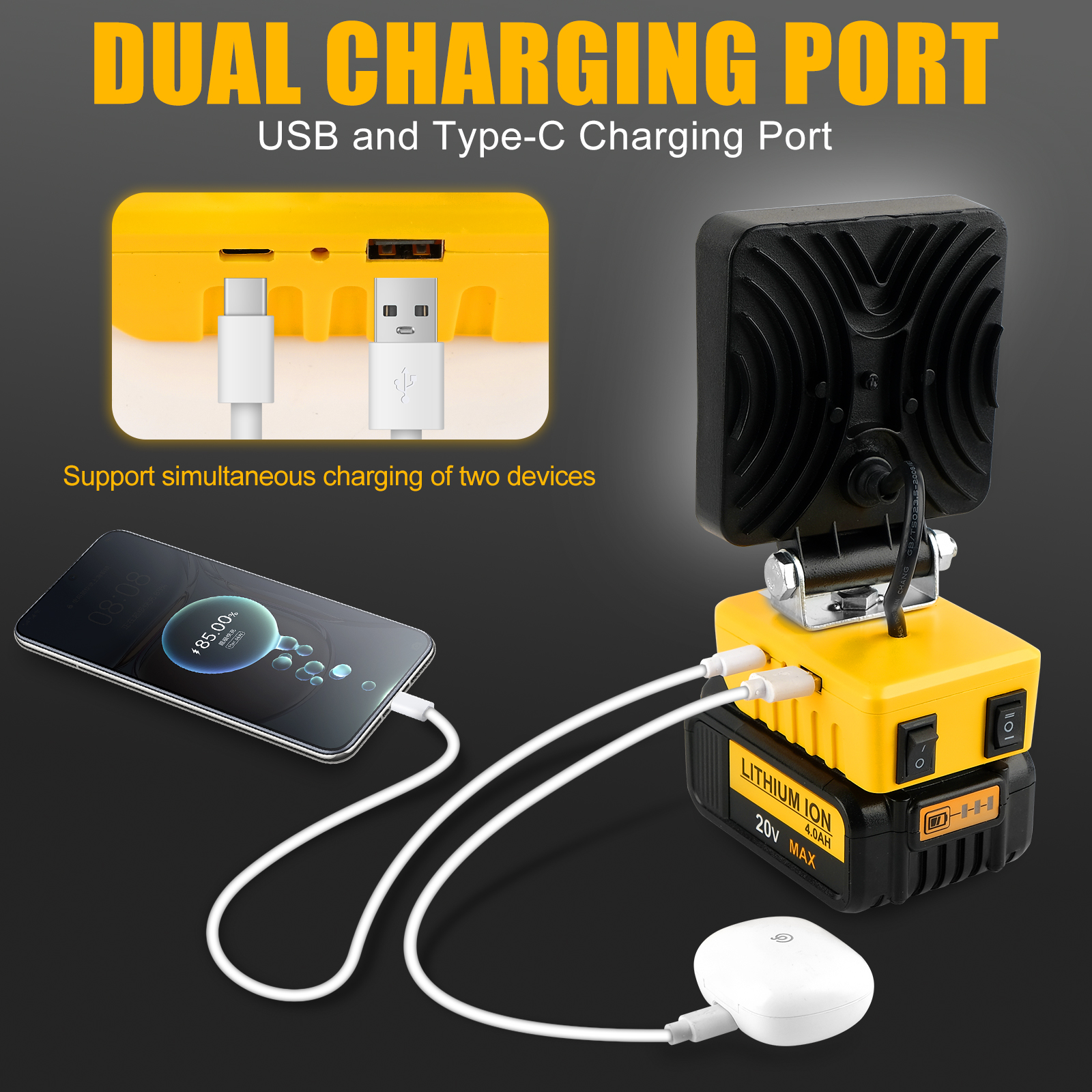 Portátil 48w 5200lm led luz de trabalho sem fio luz de trabalho base ajustável recarregável led holofote para dewalt sem bateria