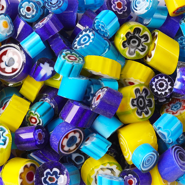 400g/14.11oz Colorful Millefiori Glass Beads Mosaic Tiles Thousand Flower Beads Cylinder Shape DIY Hobbies and Crafts Materials: YellowBlue