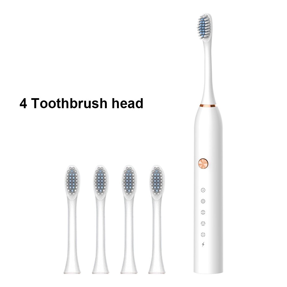 Powerful Ultrasonic Sonic Electric Toothbrush USB Rechargeable Toothbrush Adult Electronic Washable Whitening relax Teeth Brush: White 4 Heads