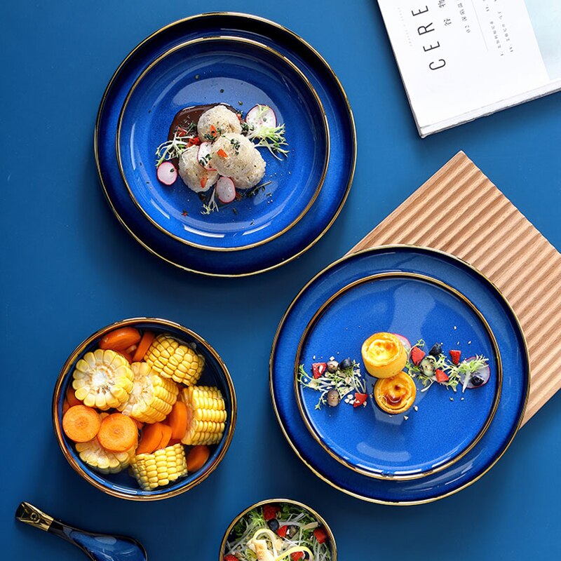 Service de vaisselle en céramique bleue, vaisselle de luxe, bordure dorée, porcelaine, assiettes, salade, nouilles, bol pour Restaurant
