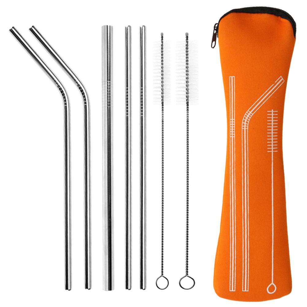 Reusable 304 Stainless Steel Sturdy Bent Straight Metal Drinking Straws with Cleaning Brush Portable Bar Party Accessory Healthy: Orange