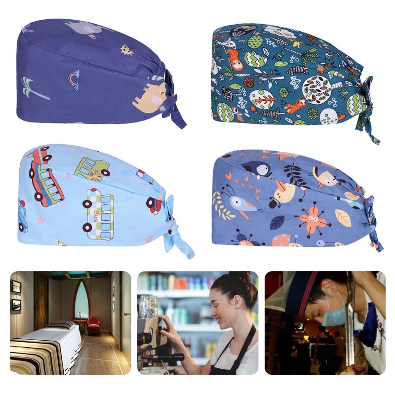 Dokter verpleegkundige katoenen werkmuts met zweetband, verstelbare strik aan de achterkant, schattige cartoon dieren, kalebasvormige bouffant scrubmuts