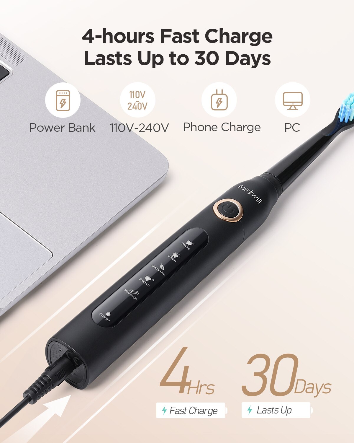 Fairywill-cepillo de dientes eléctrico sónico para adultos, recargable por USB, FW-507, resistente al agua, cabezales de repuesto