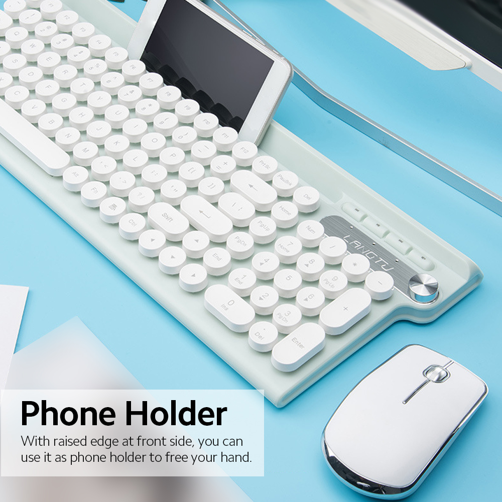 2.4G Keyboard Mouse Combo Quiet Operation Auto Sleep Mode Multifunctional Buttons Retro Round Key Caps Phone Holder