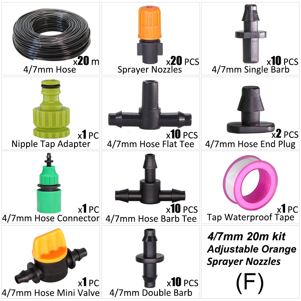 20m Garden Shower Drip Irrigation Sprayer System With Adjustable Watering Nozzle Sprinkler Mist Cooling Automatic Irrigation Kit: F